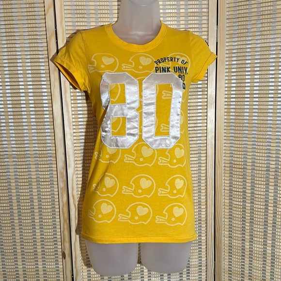 PINK Victoria's Secret Tops - PINK Victoria's Secret Orange Yellow Football Tee Shirt Capped Sleeves XS